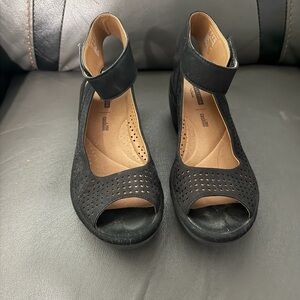 Clarks Black Perforated Peep-Toe Wedge Sandals with Ankle Strap